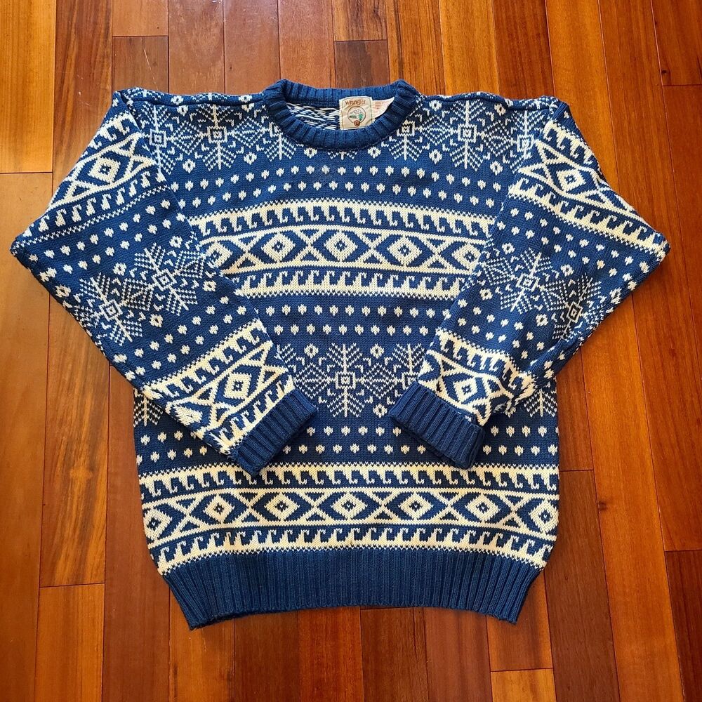 Vintage Wrangler L Nordic Sweater Blue White Grandpacore Western Cottagecore